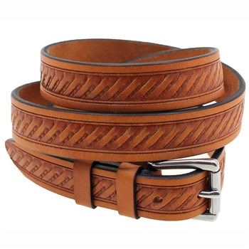 American Made London Tan Leather belt With Embossing And Stainless Steel Roller Buckle