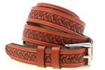 Made in America chestnut English Bridle leather belt embossed