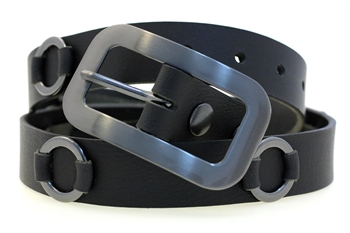 Made In USA Black Leather Fashion Belt Metal Rings