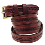 American Made Burgundy Leather belt With Embossing And Solid Brass Roller Buckle