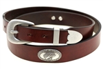 Chestnut Bridle Leather belt With Large Mouth Bass Antique Silver Finish Concho and an Antique Silver Finish Buckle.