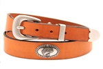 London Tan Bridle Leather belt With Large Mouth Bass Antique Silver Finish Concho and an Antique Silver Finish Buckle.