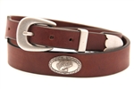 Rich Brown Bridle Leather belt With Large Mouth Bass Antique Silver Finish Concho and an Antique Silver Finish Buckle Set.