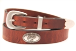 Hot Dipped Tan Harness Leather belt With Large Mouth Bass Antique Silver Finish Concho and an Antique Silver Finish Buckle.