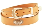 Tan Harness Leather belt With Large Mouth Bass Antique Silver Finish Concho and an Antique Silver Finish Buckle.