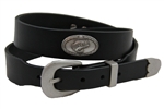 Black Latigo Leather belt With Large Mouth Bass Antique Silver Finish Concho and an Antique Silver Finish Buckle.