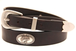 Brown Latigo Leather belt With Large Mouth Bass Antique Silver Finish Concho and a 3 piece Antique Silver Finish Buckle Set.