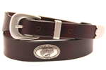 Chestnut Oil Tanned Latigo Leather belt With Large Mouth Bass Antique Silver Finish Concho and a 3 piece Antique Silver Finish Buckle Set.