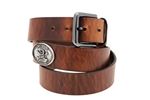 Made in USA hot dipped tan Harness leather belt with Don't Tread on Me Concho