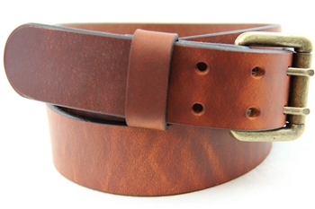 Made in USA Hot Dipped Tan Harness Leather Belt Double hole with an Old Brass Finish Roller Buckle