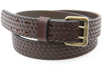 Made in USA Sunset Brown Basket Weave Harness Leather Belt Double Prong with an Old Brass Finish Roller Buckle
