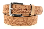 Made in USA Tan Harness Leather Belt Skull And Celtic Knot Embossed