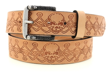 Made in USA Tan Harness Leather Belt Skull And Celtic Knot Embossed