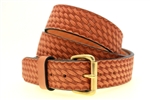 American Made London Tan Leather belt With Basket Weave Embossing And Brass Roller Buckle