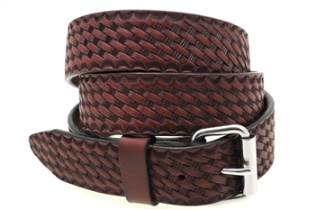 American Made Rich Brown Leather belt With Basket Weave Embossing And Stainless Steel Roller Buckle