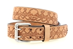 Made in USA Tan Harness Leather Belt Skull And Celtic Knot Embossed