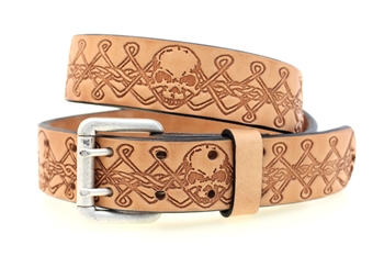 Made in USA Tan Harness Leather Belt Skull And Celtic Knot Embossed