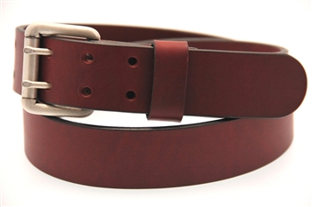 Made In USA Burgundy Latigo Double Hole Leather Belt With An Old Silver Finish Roller Buckle