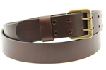 Made In USA Chestnut Oiled Latigo Double Hole Leather Belt With An Old Brass Finish Roller Buckle