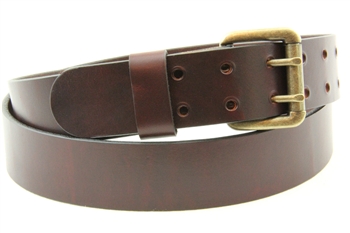 Made In USA Chestnut Oiled Latigo Double Hole Leather Belt With An Old Brass Finish Roller Buckle