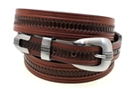American Made Tapered Medium Brown Leather belt With Embossing And 3-piece buckle set