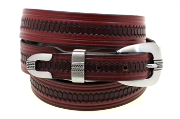 American Made Tapered Burgundy Leather belt With Embossing And 3-piece buckle set