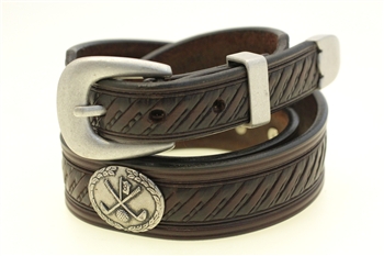 Dark Brown Bridle Leather belt Tapered Domed And Embossed Golf Club Conchos