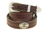 Medium Brown Bridle Leather belt Tapered Domed And Embossed Golf Club Conchos