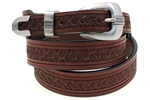 American Made Tapered Medium Brown Leather belt With Embossing And 3-piece buckle set