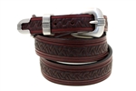American Made Tapered Burgundy Leather belt With Embossing And 3-piece buckle set