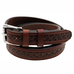 American Made Medium Brown Leather belt With Embossing And Stainless Steel Roller Buckle