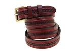 American Made Burgundy Leather belt With Embossing And Solid Brass Roller Buckle