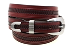 American Made Tapered Burgundy Leather belt With Embossing And 3-piece buckle set