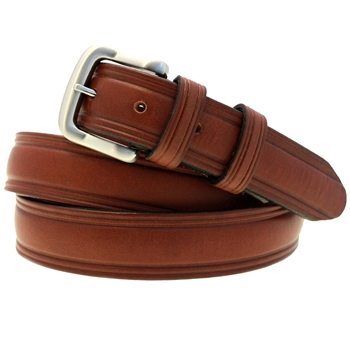 Made In USA Men's 1 1/4" Domed Rich Brown Bridle Leather Belt With Square Brushed Nickel Buckle And Double Loop