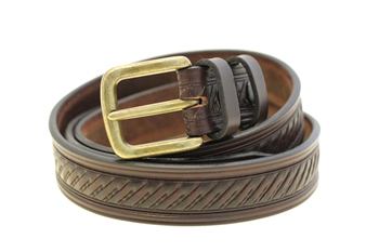 American Made 1 3/8 Dark Brown Havana Bridle Leather Belt With Embossing Old Brass Buckle