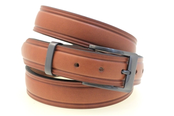Men's 1 1/4" Domed Dress Belt Medium Brown English Bridle Leather Buckle And Loop Set With Satin Black Finish Made In America