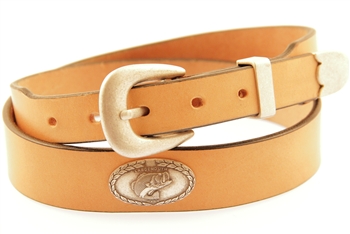 35mm Tan Harness Leather Belt With Large Mouth Bass Antique Silver Finish Concho Made in USA