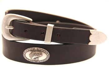 35mm Tapered Brown Latigo Leather Belt With Large Mouth Bass Antique Silver Finish Concho Made in USA