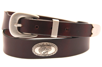 35mm Chestnut Oil Tanned Latigo Leather Belt With Large Mouth Bass Antique Silver Finish Concho Made in USA
