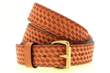 1 1/2" Tan English Bridle Leather Belt Basket Weave Embossing Solid Brass Buckle Nickel-Free Made In America
