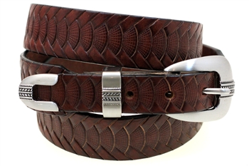Made In USA Tapered 35mm to 25mm Rich Brown Bridle Leather Belt With Embossing And 3-piece Buckle Set